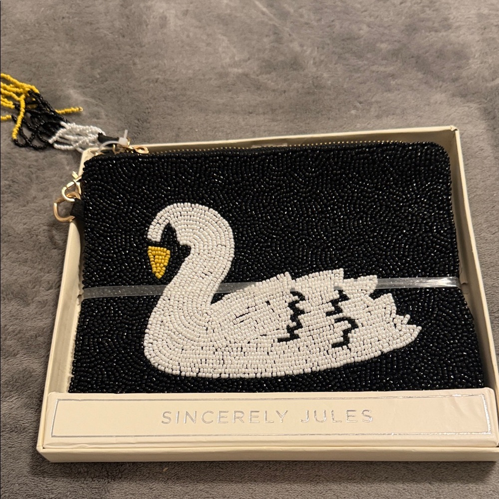 Sincerely Jules Black and White Swan Beaded Pouch